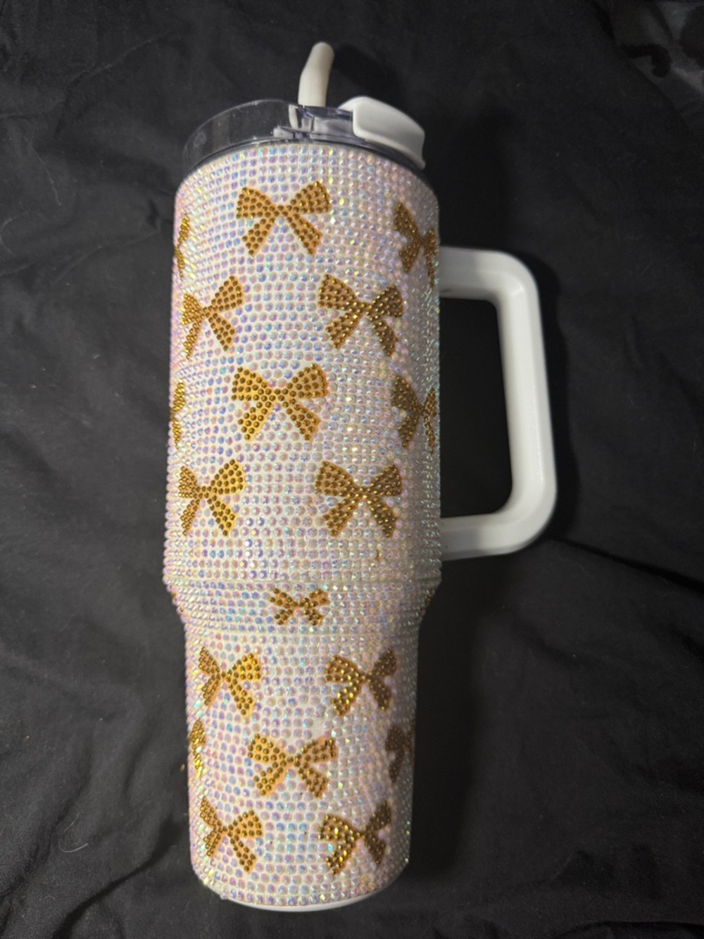 Simply Southern 40oz Tumbler - White with Iridescent Crystals & Gold Bow Accents